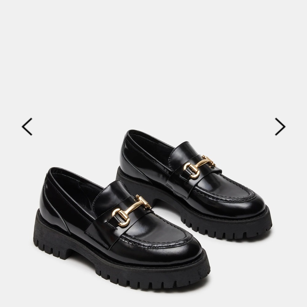 New Steve Madden Black Chunky Lando Loafers Leather with Gold Detail